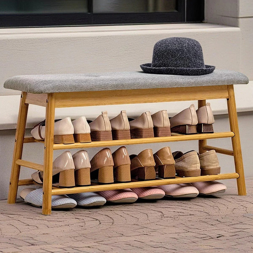 Multi-Tier Bamboo Shoe Storage Bench with Cushioned Seat (90cm)