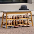 Multi-Tier Bamboo Shoe Storage Bench with Cushioned Seat (90cm)