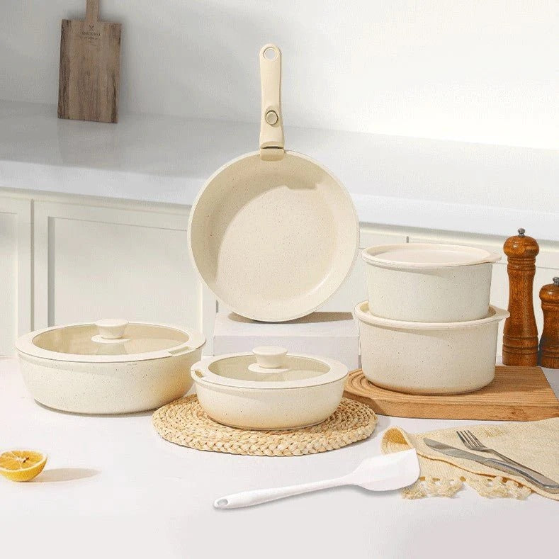 مجموعة أواني طبخ (جداري وطاوات) "نان ستيك" من حجر المايفان ويا مقابض قابلة للفك (11 قطعة)