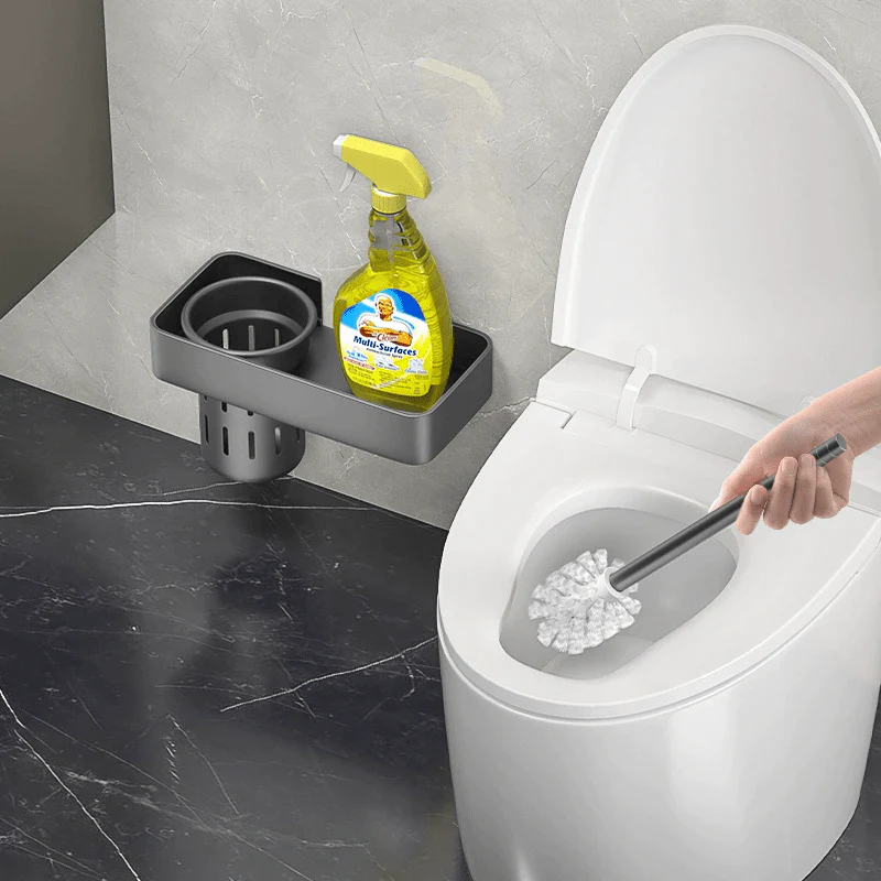 Wall-Mounted Aluminum Toilet Brush Holder with Storage Rack