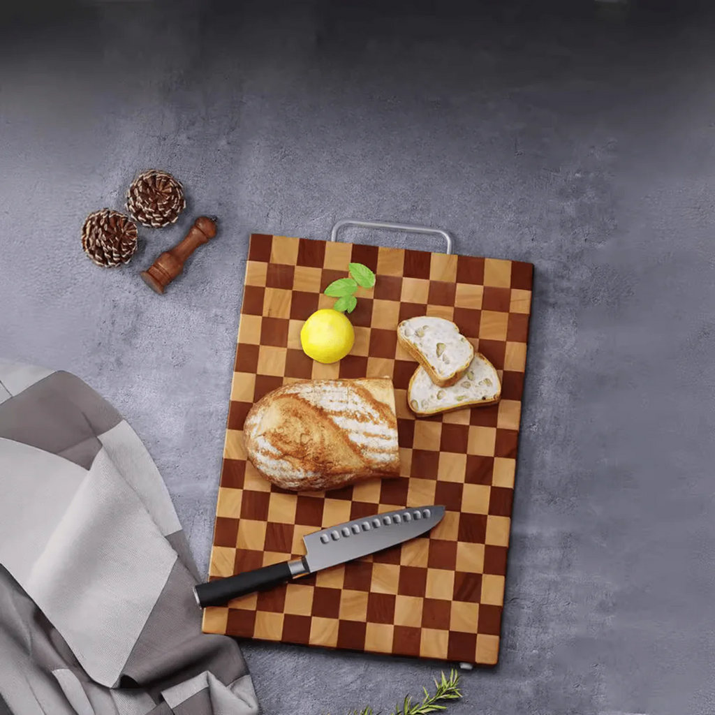 Double-Sided Rubber Wood Cutting Board with Chess Grid Design (40 cm)