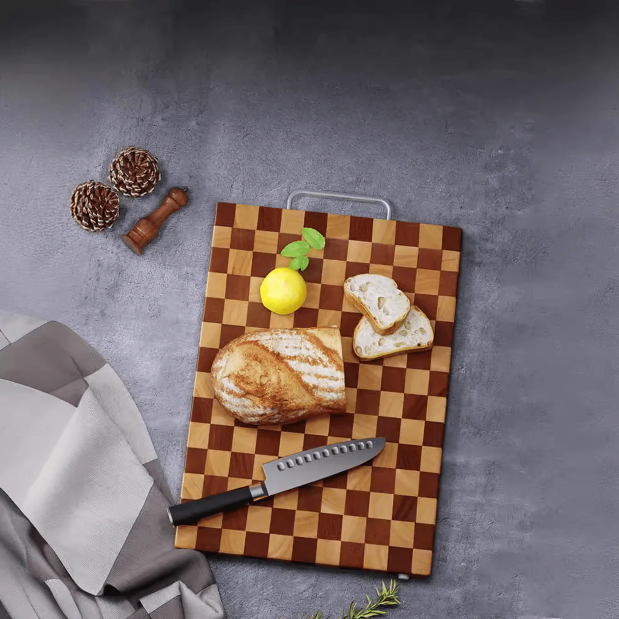 Double-Sided Rubber Wood Cutting Board with Chess Grid Design (40 cm)