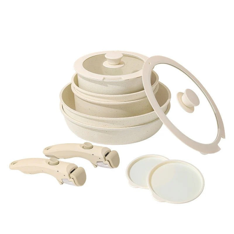 مجموعة أواني طبخ (جداري وطاوات) "نان ستيك" من حجر المايفان ويا مقابض قابلة للفك (11 قطعة)