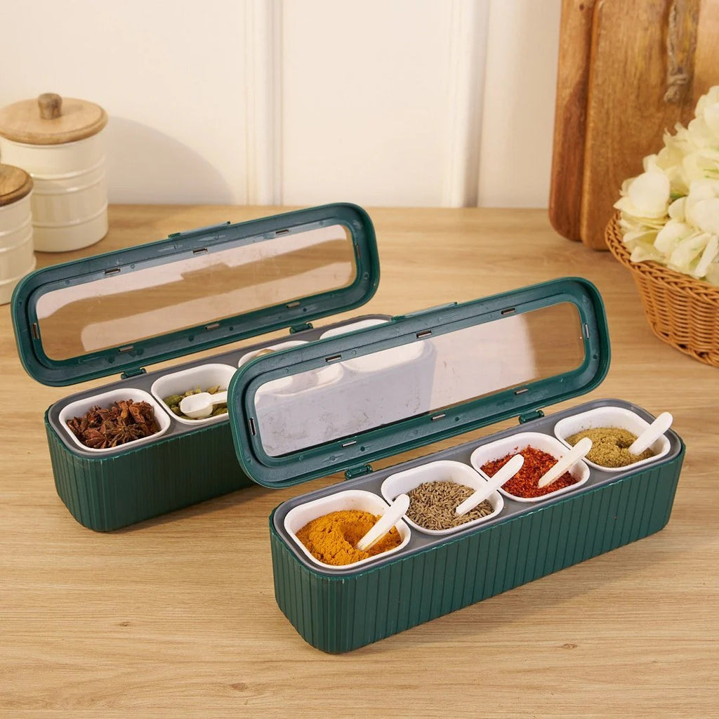 Clear Seasoning Box Set With 4 Seasoning Condiment Jars and Serving spoons