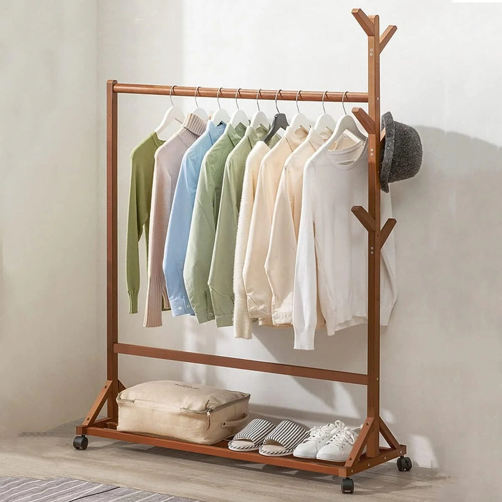 Multifunctional Bamboo Clothes Rack with Wheels and Shelf for Storage