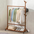 Multifunctional Bamboo Clothes Rack with Wheels and Shelf for Storage