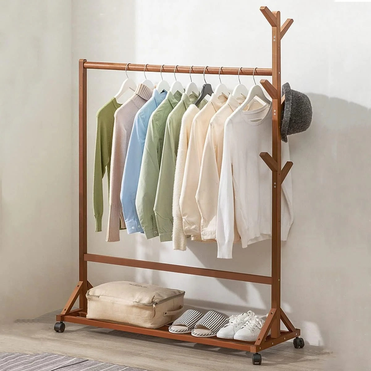 Multifunctional Bamboo Clothes Rack with Wheels and Shelf for Storage