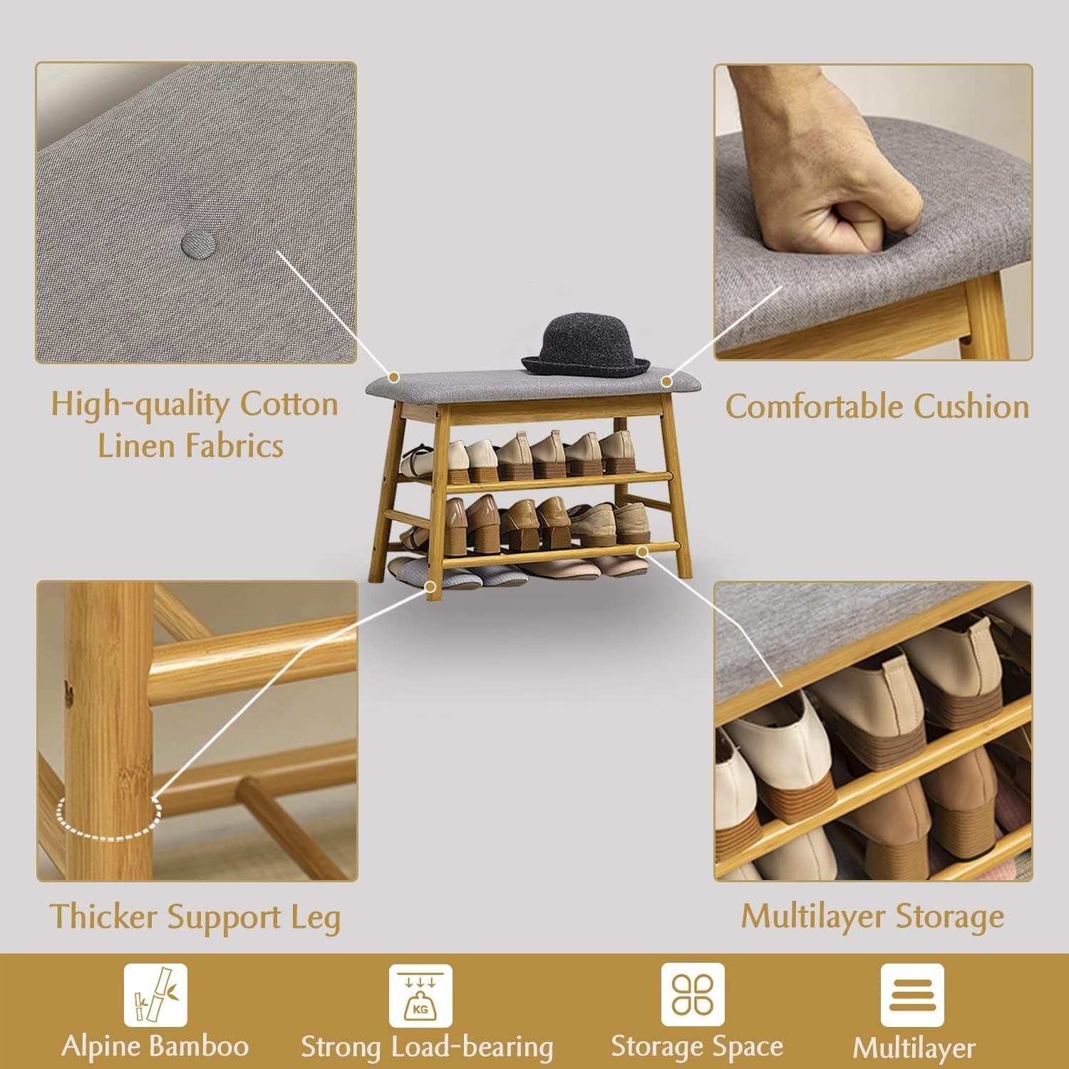 Multi-Tier Bamboo Shoe Storage Bench with Cushioned Seat (90cm)