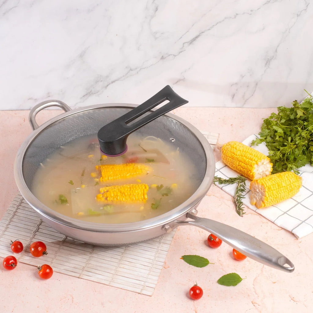 Multi-Purpose Stainless Steel Honeycomb Frying Wok With Lid (32cm)