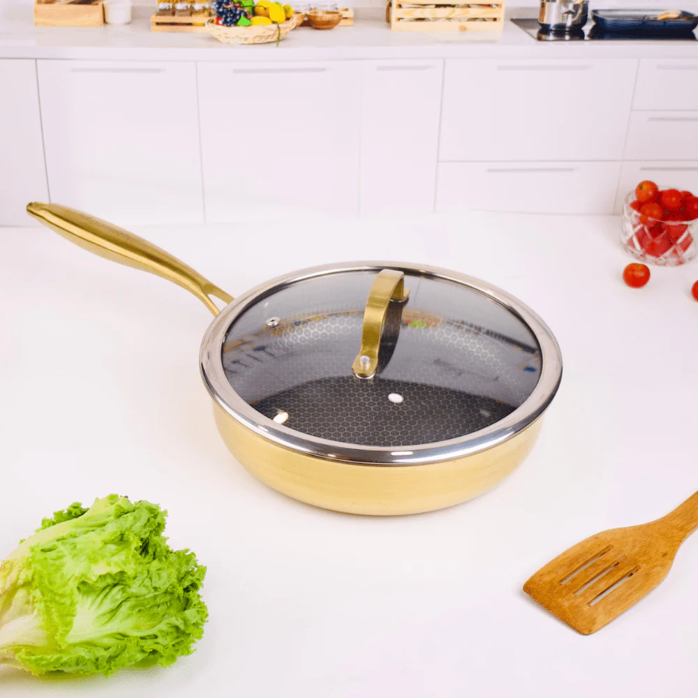 Multi-Purpose Stainless Steel Gold Honeycomb Frying Pan with Lid(24cm)