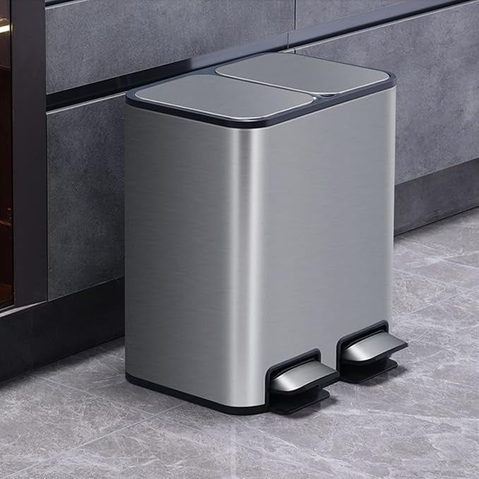 سلة مهملات (زبالة) معدنية "ستانلس ستيل" بخطوتين مزدوجة (18 لتر)