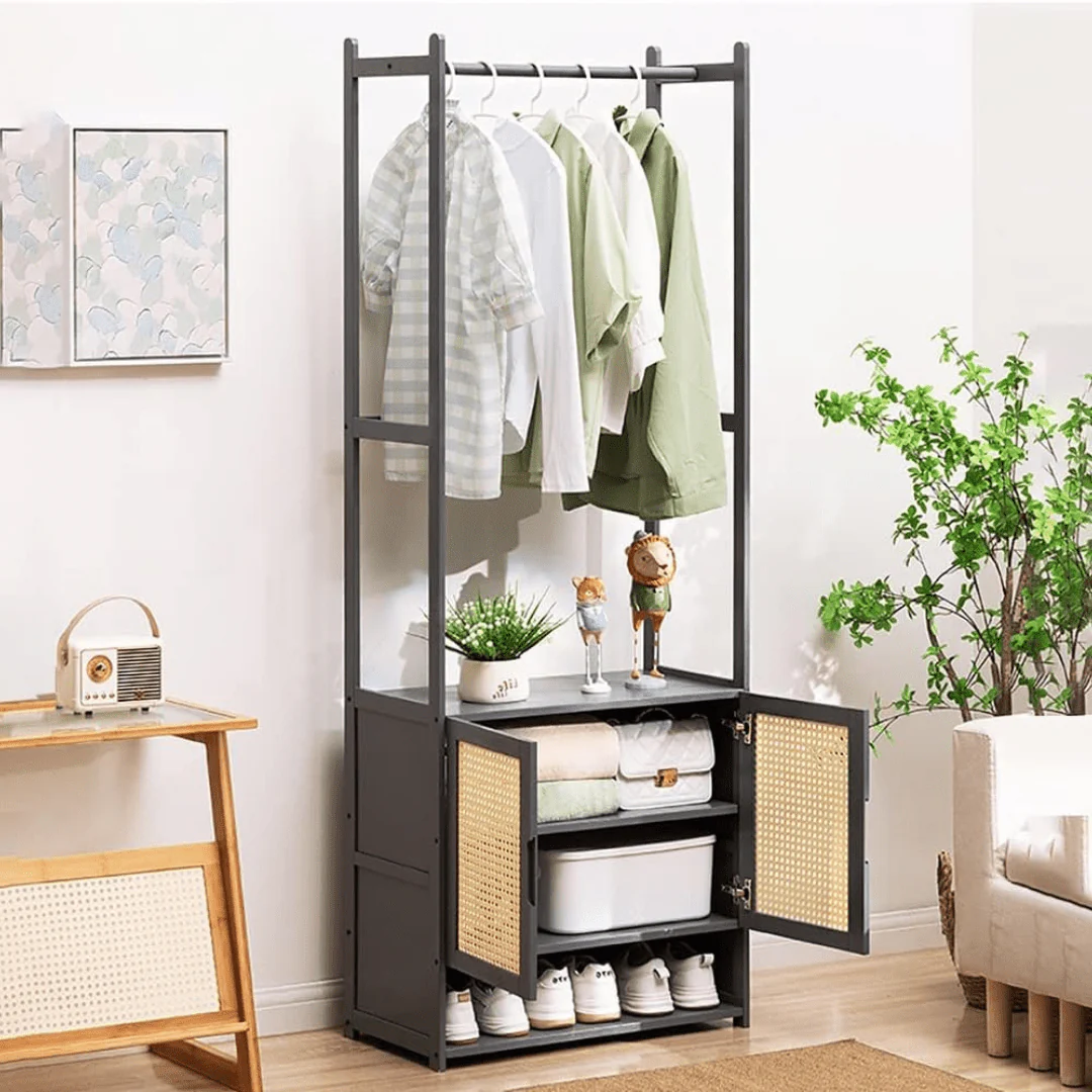 Multi-Purpose Bamboo Wood Clothing Rack Organizer with Shoe Rack (Black-62cm)