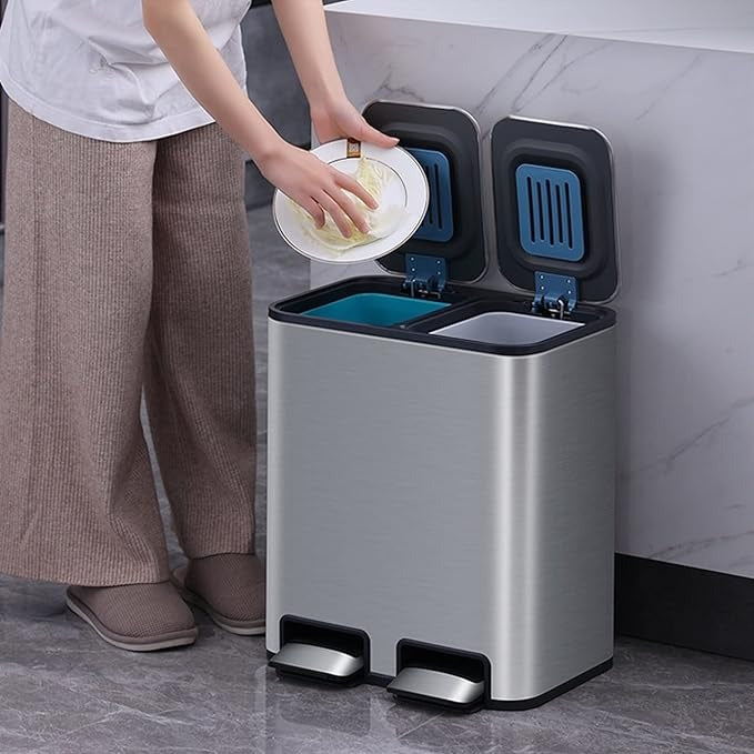 سلة مهملات (زبالة) معدنية "ستانلس ستيل" بخطوتين مزدوجة (18 لتر)