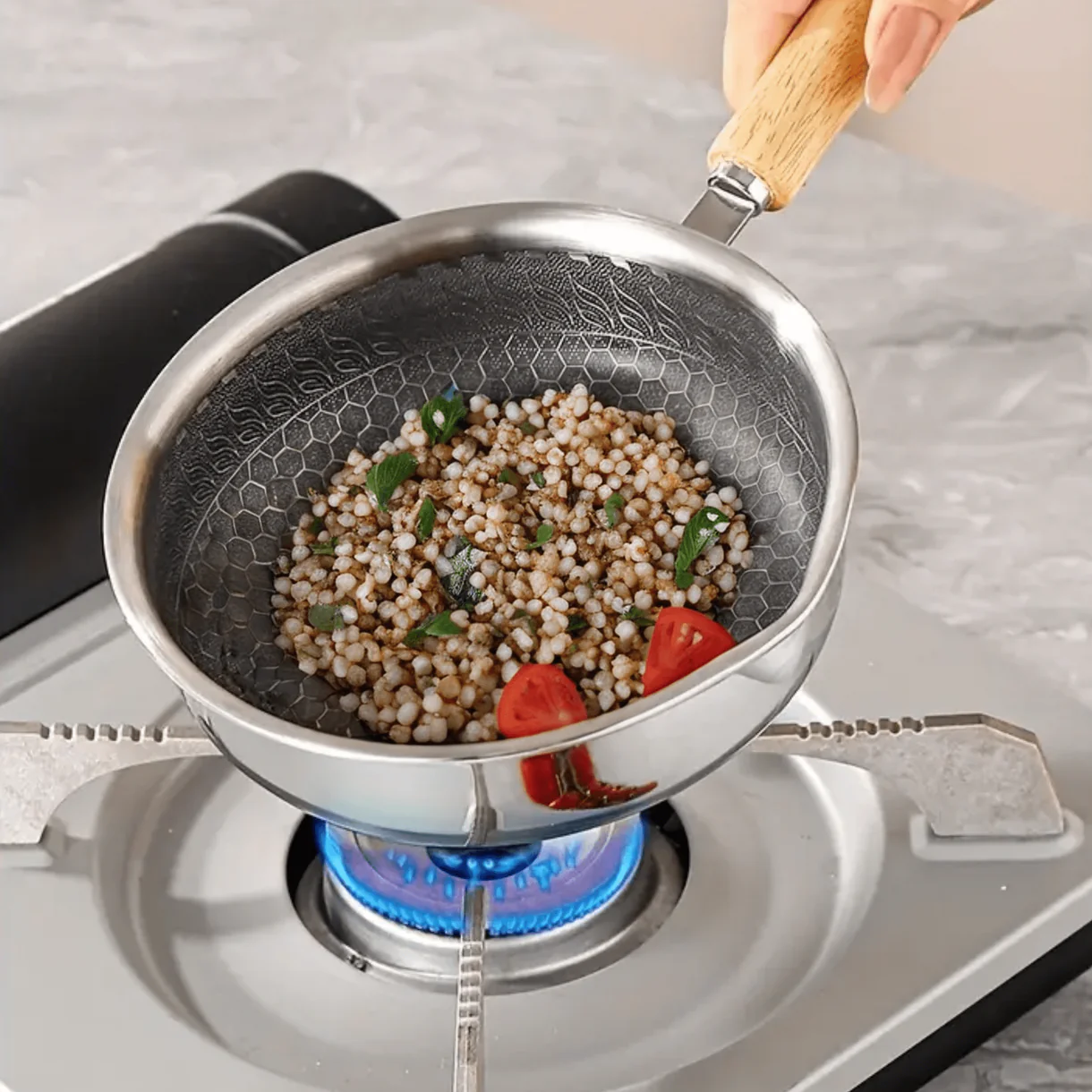 مقلاة قلي (طاوة) صغيرة "نان ستيك" ستانلس ستيل ويا يد خشبية (13 سم)