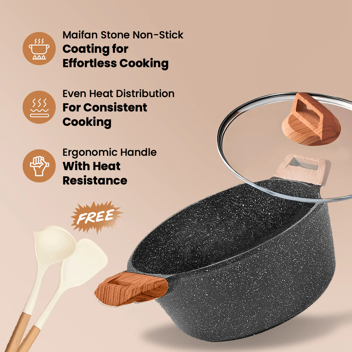 جدر صلصة (جدر صغير) "نان ستيك" من حجر المايفان (أسود - 24 سم)