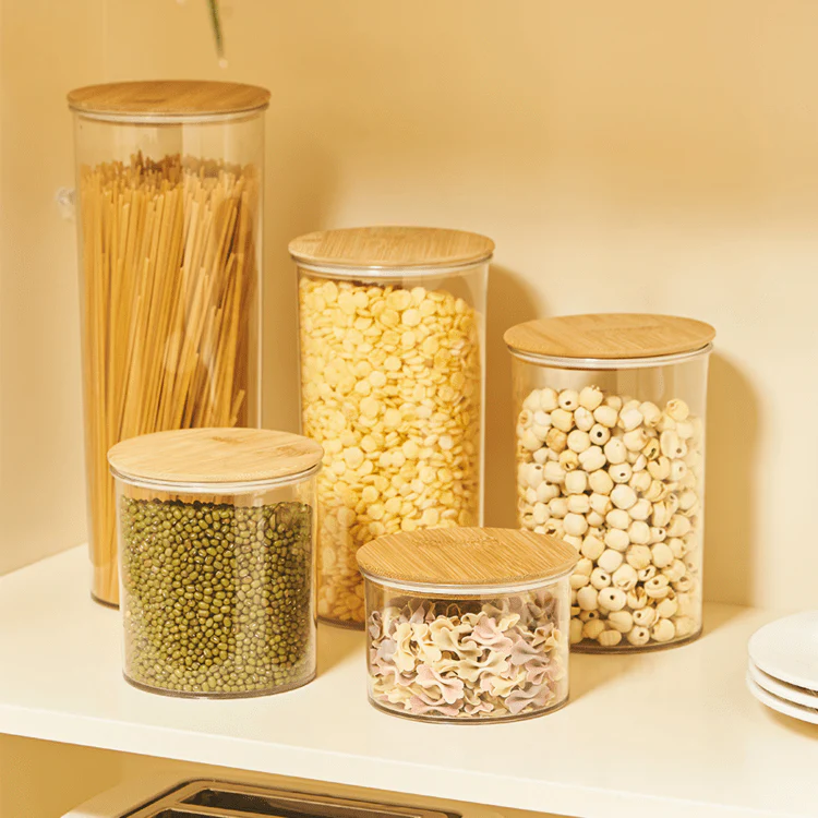 Multi-Purpose Airtight Plastic Transparent Food Storage Jar with Bamboo Lid