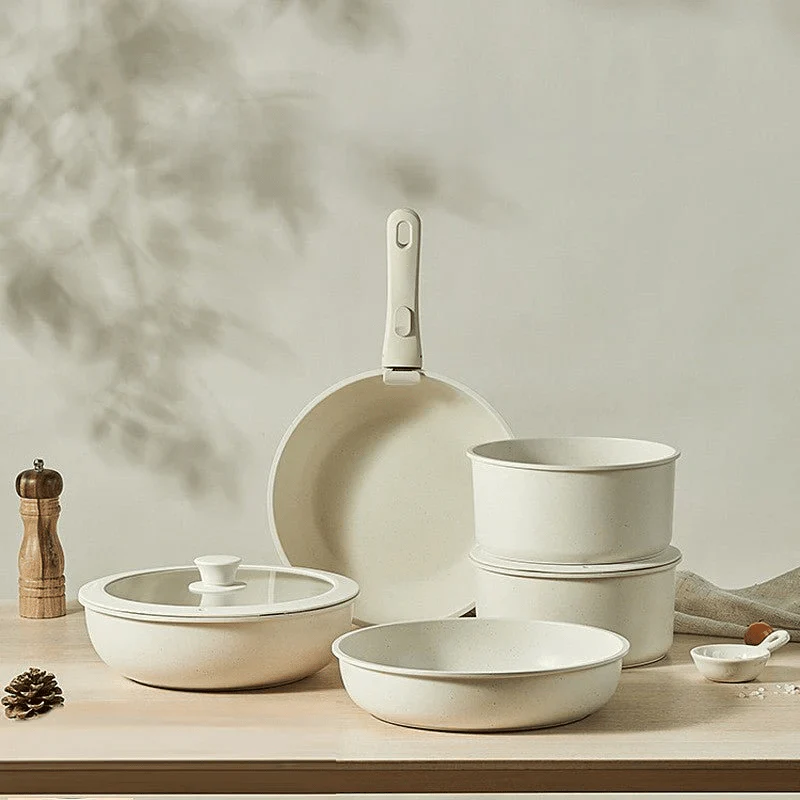 مجموعة أواني طبخ (جداري وطاوات) "نان ستيك" من حجر المايفان ويا مقابض قابلة للفك (11 قطعة)