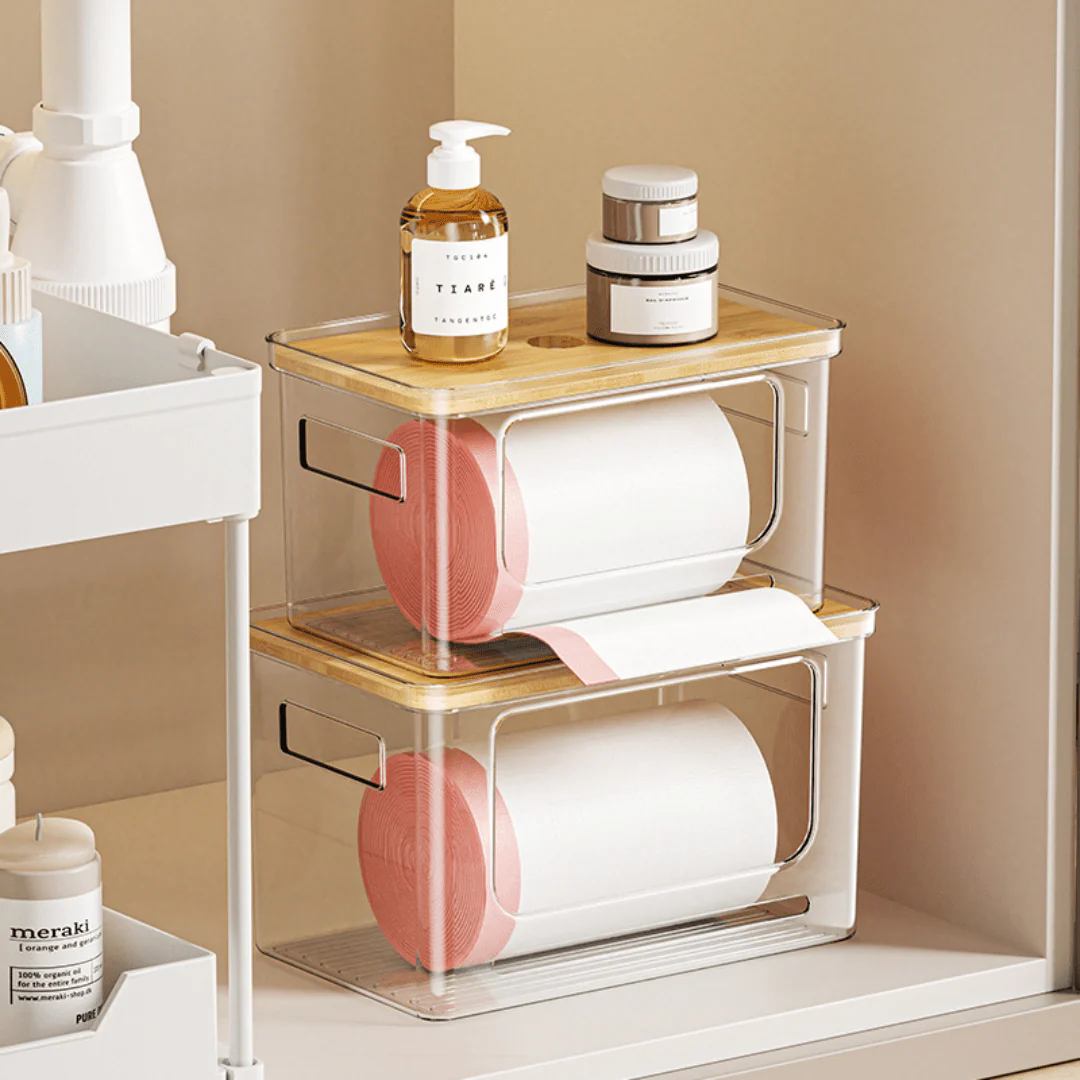 Multi-Purpose Transparent Storage Box with Bamboo Lid