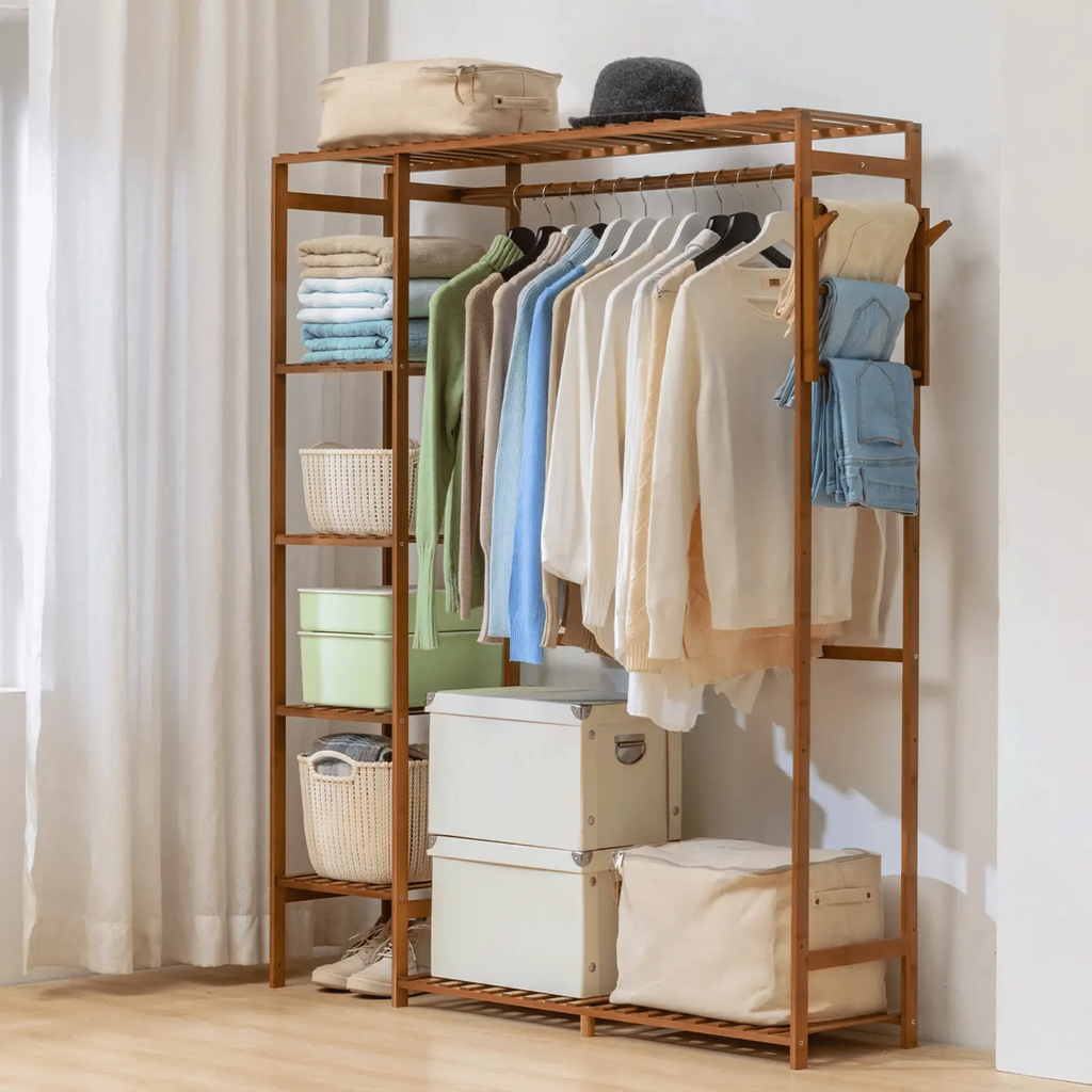 Multi-Functional Bamboo Clothes Rack with Hooks & Pants Storage (123cm)