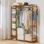 Multi-Functional Bamboo Clothes Rack with Hooks & Pants Storage (123cm)