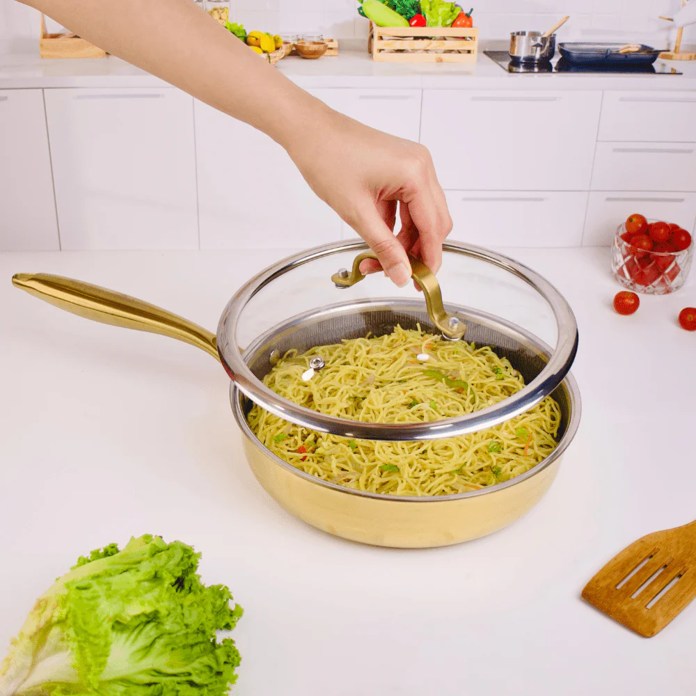 Multi-Purpose Stainless Steel Gold Honeycomb Frying Pan with Lid(24cm)