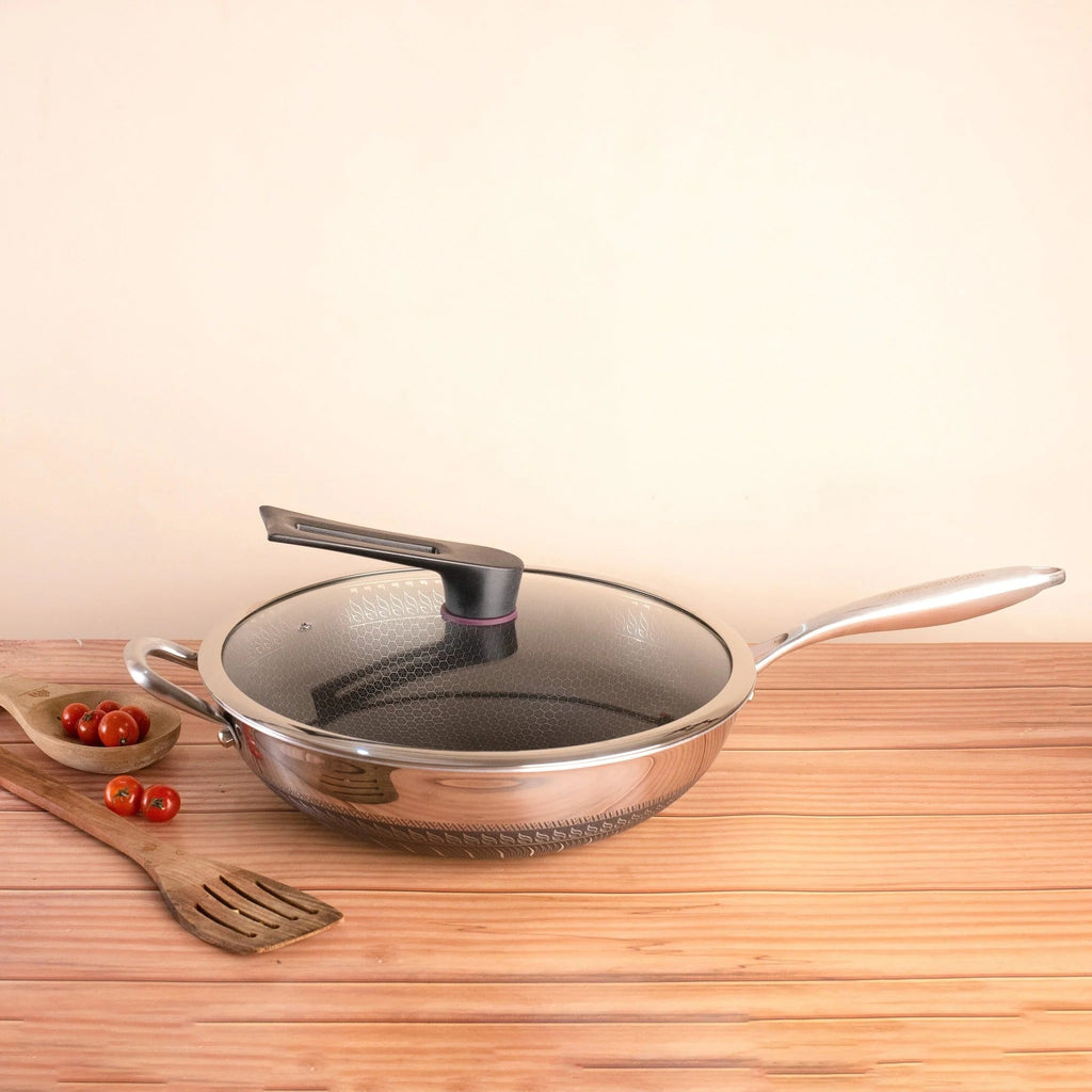 Multi-Purpose Stainless Steel Honeycomb Frying Wok With Lid (32cm)
