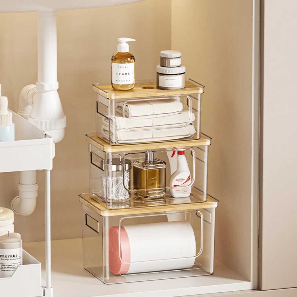 Multi-Purpose Transparent Storage Box with Bamboo Lid