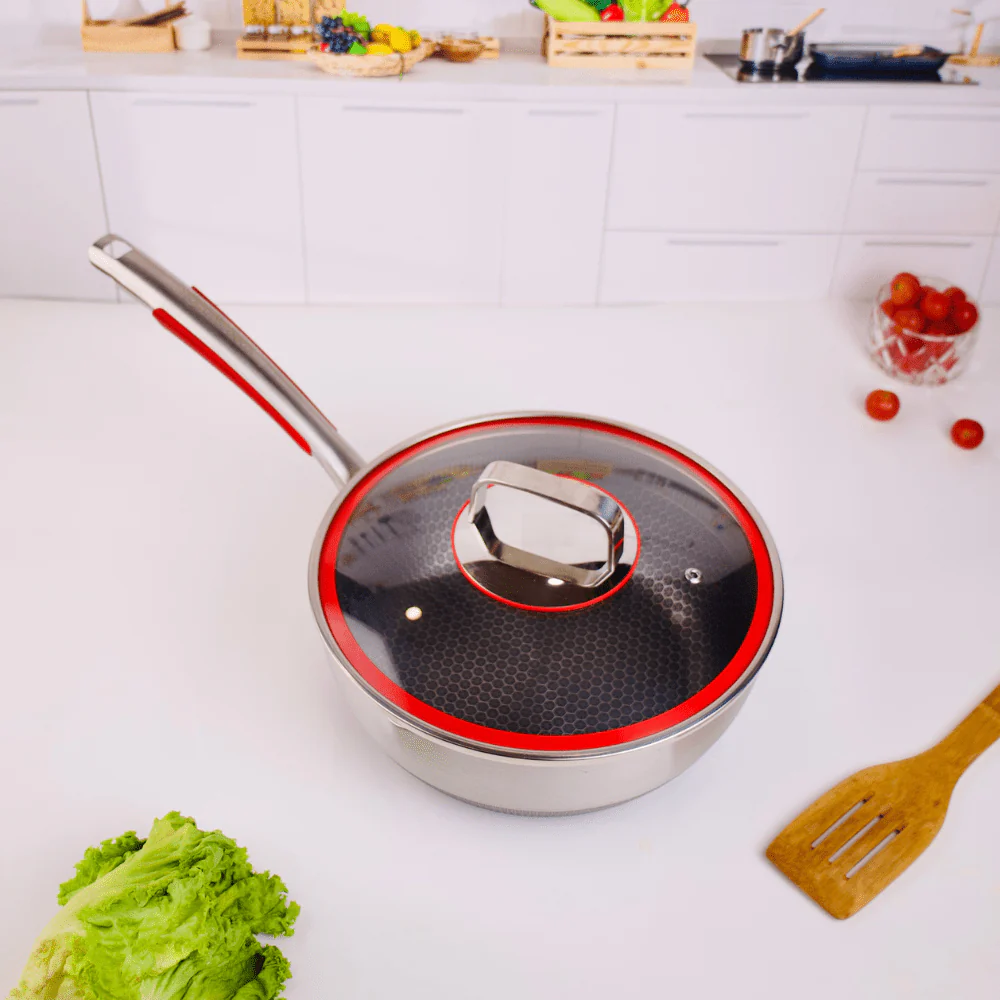 Stainless Steel Multifunctional Honeycomb Deep Frying Pan with Lid(24cm)