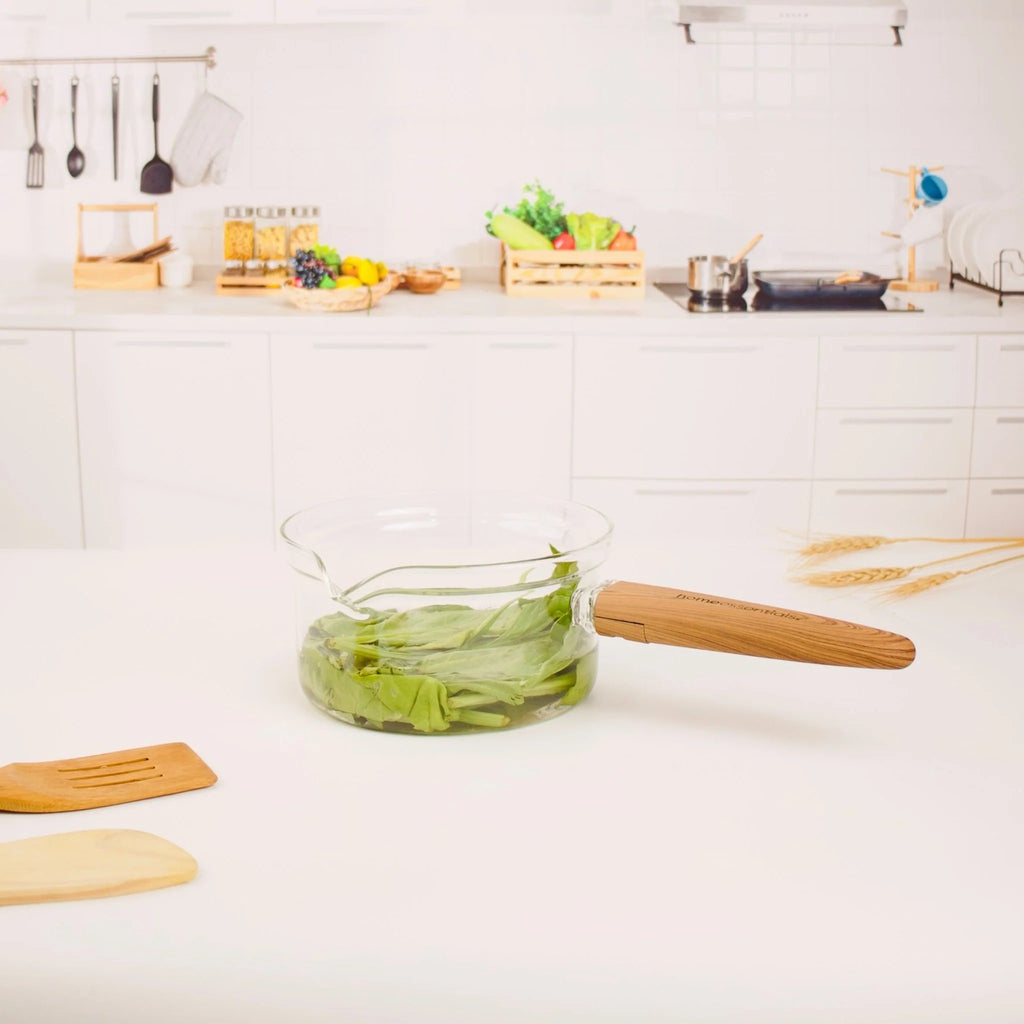 Multi-Functional Borosilicate Glass Pan with Wooden Handle (1300ml)