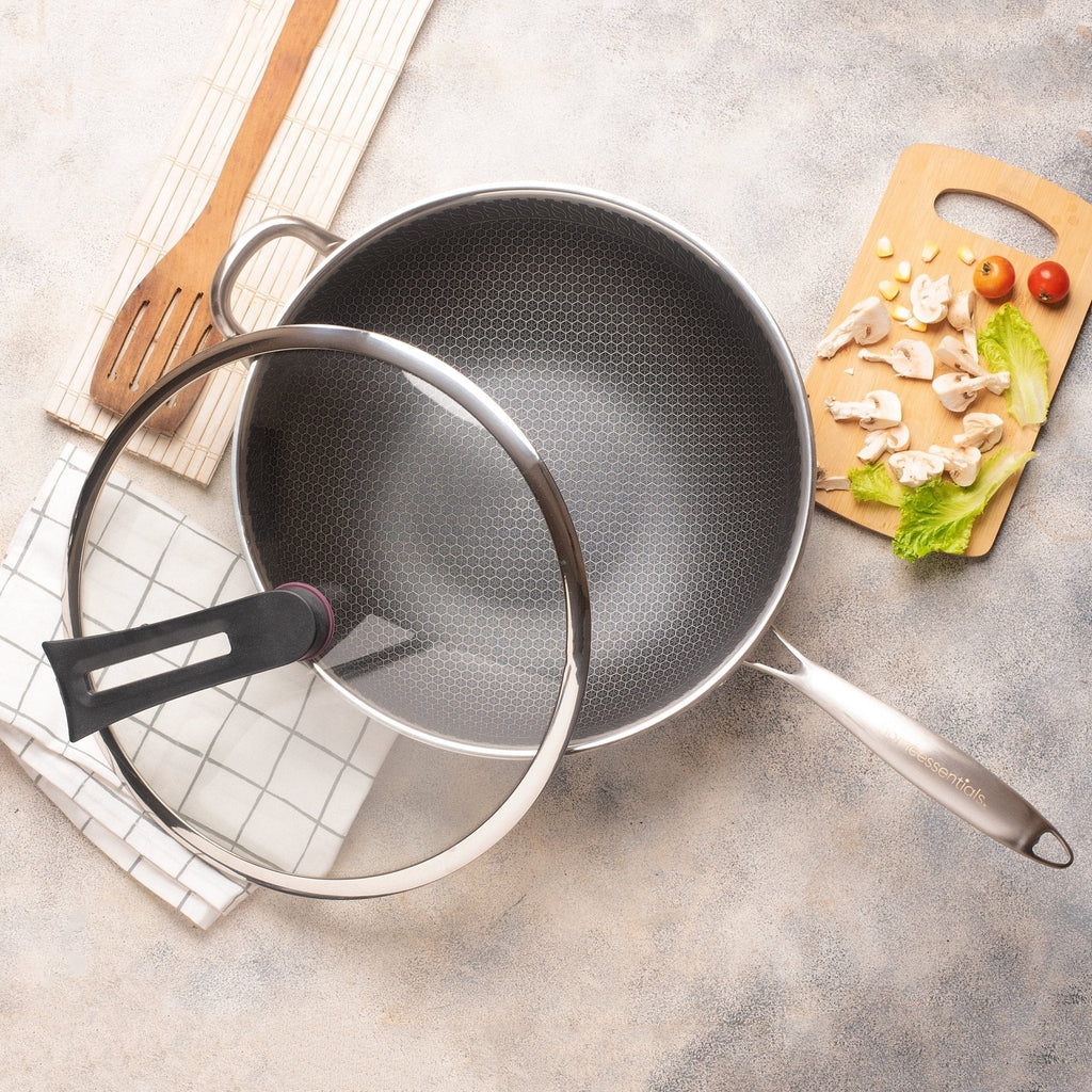 Multi-Purpose Stainless Steel Honeycomb Frying Wok With Lid (32cm)