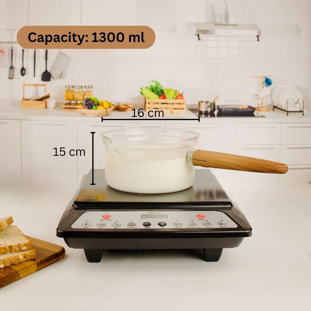 Multi-Functional Borosilicate Glass Pan with Wooden Handle (1300ml)