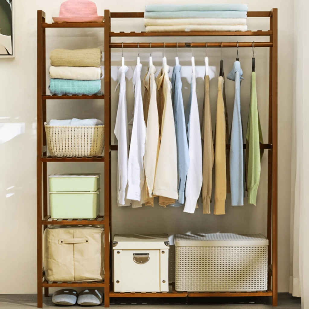 Multi-Functional Bamboo Clothes Rack with Hooks & Pants Storage (123cm)