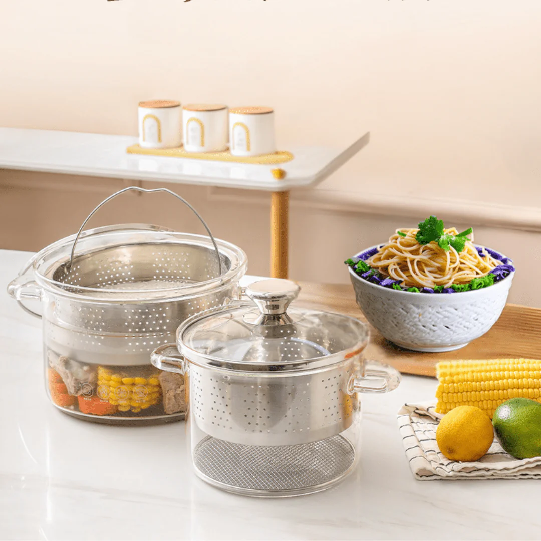 Multifunctional Borosilicate Glass and Stainless Steel Steamer Pot