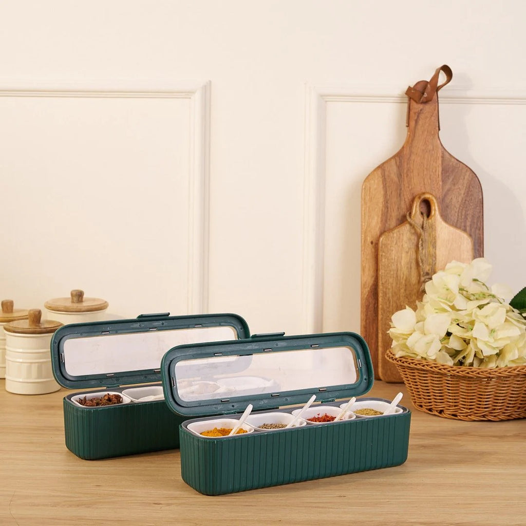 Clear Seasoning Box Set With 4 Seasoning Condiment Jars and Serving spoons