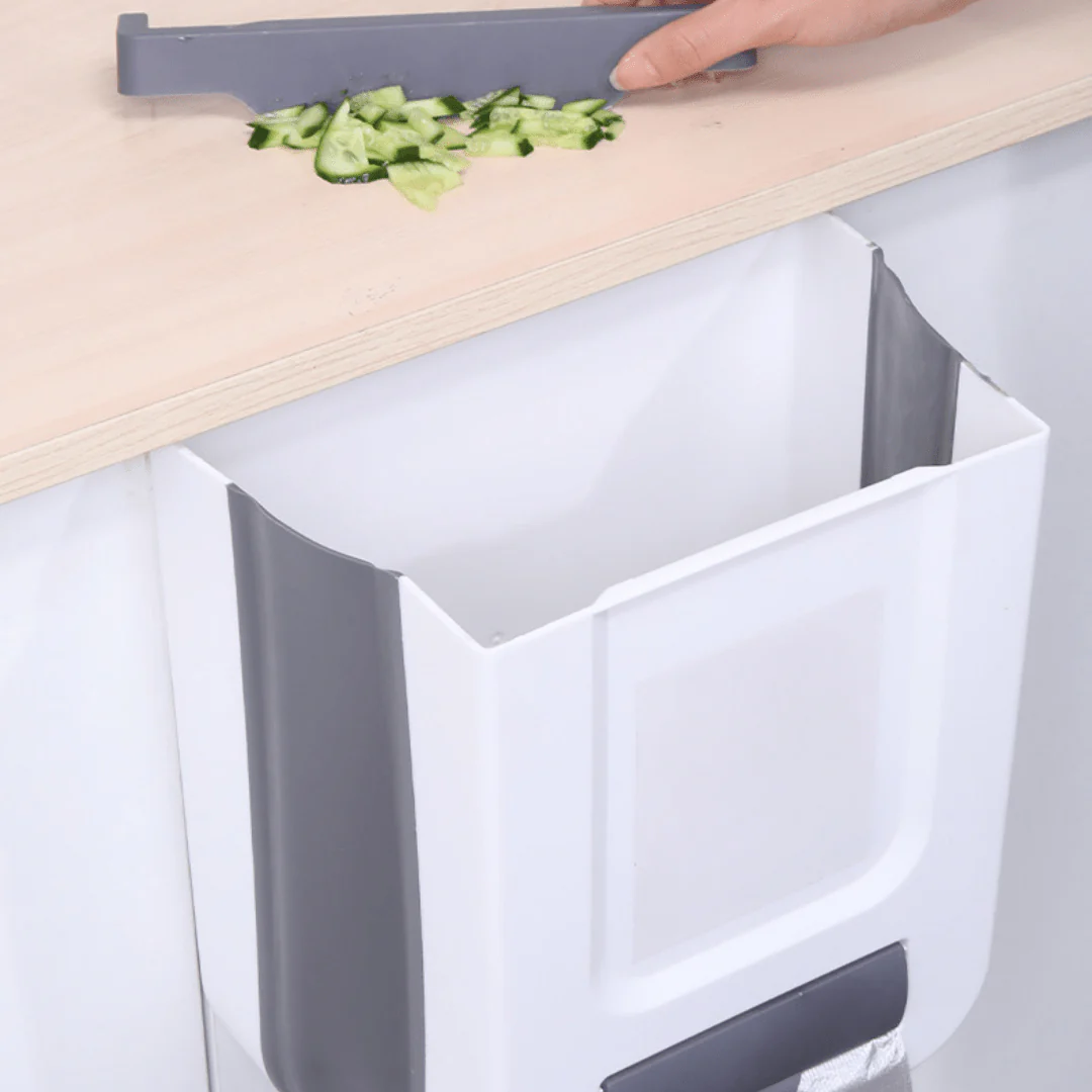 سلة مهملات (زبالة) صغيرة قابلة للطي والتعليق لباب كاونتر المطبخ (خزانة المطبخ)