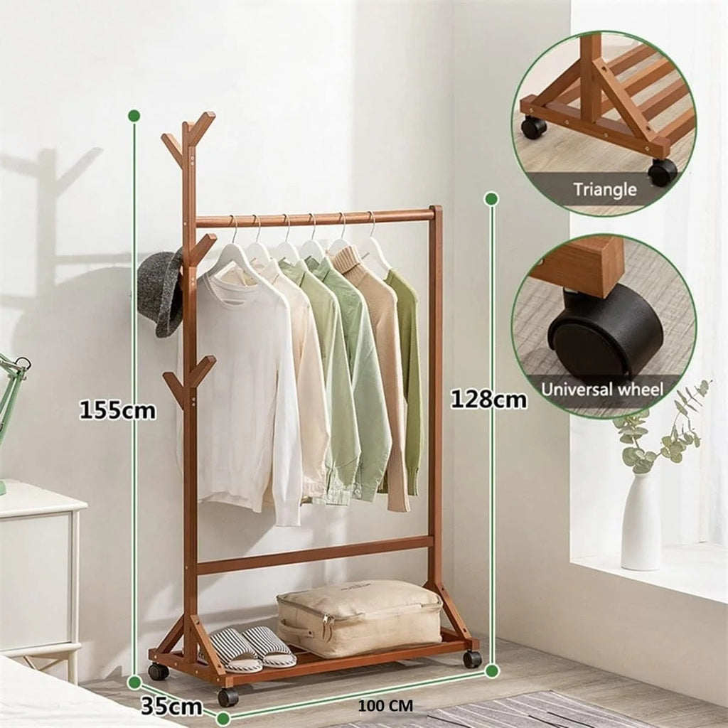 Multifunctional Bamboo Clothes Rack with Wheels and Shelf for Storage