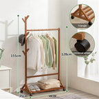 Multifunctional Bamboo Clothes Rack with Wheels and Shelf for Storage