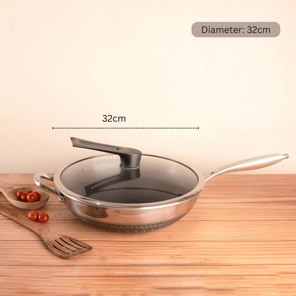 Multi-Purpose Stainless Steel Honeycomb Frying Wok With Lid (32cm)