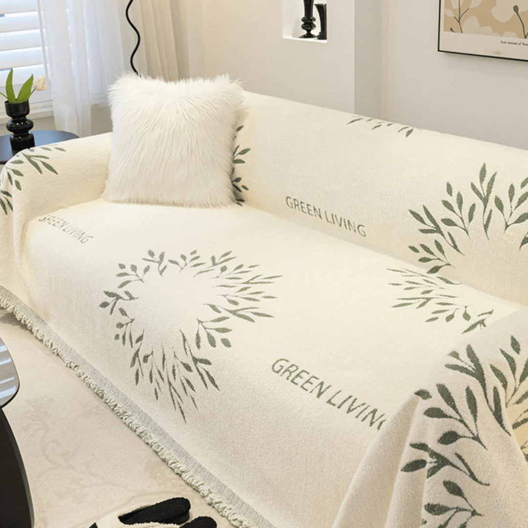 Minimal Leaf Print Green Elegance Chenille Sofa Cover