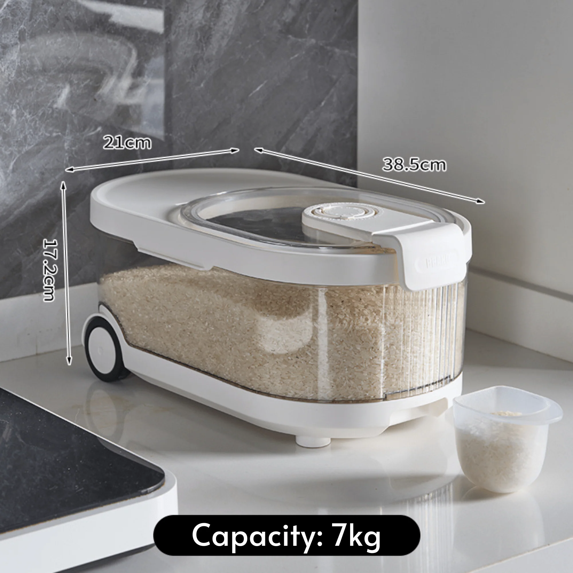 Sealed Rice Storage Container with Measuring Cup & Wheels