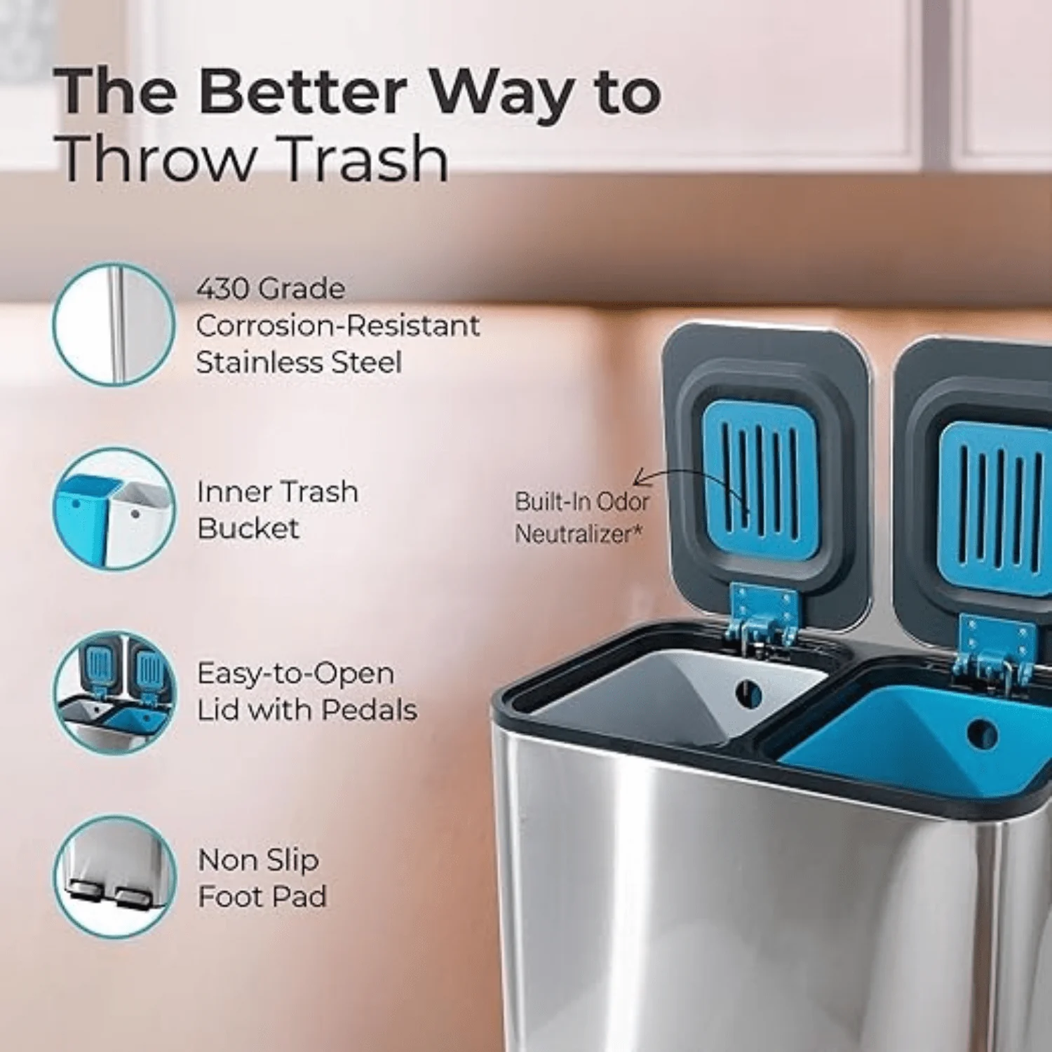 سلة مهملات (زبالة) معدنية "ستانلس ستيل" بخطوتين مزدوجة (18 لتر)