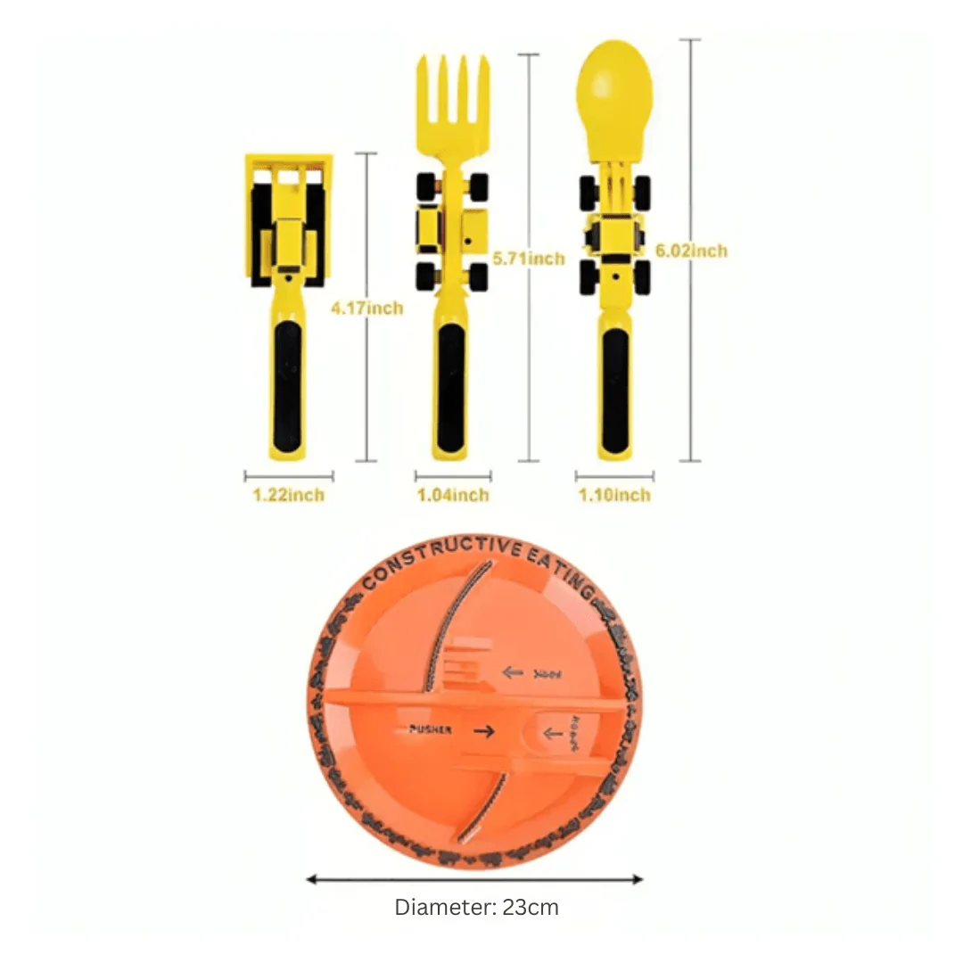 طبق وأدوات أكل (ملاعق وشوكات) بـ "شكل" (ثيم) البناء والإنشاءات