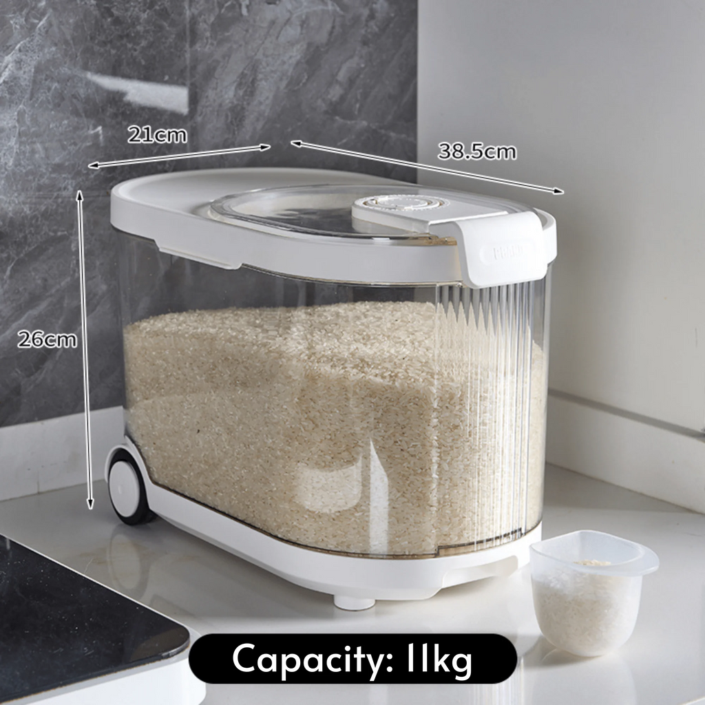 Sealed Rice Storage Container with Measuring Cup & Wheels