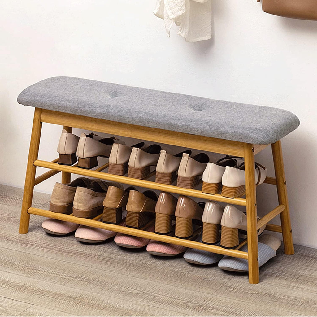 Multi-Tier Bamboo Shoe Storage Bench with Cushioned Seat (90cm)