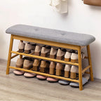Multi-Tier Bamboo Shoe Storage Bench with Cushioned Seat (90cm)