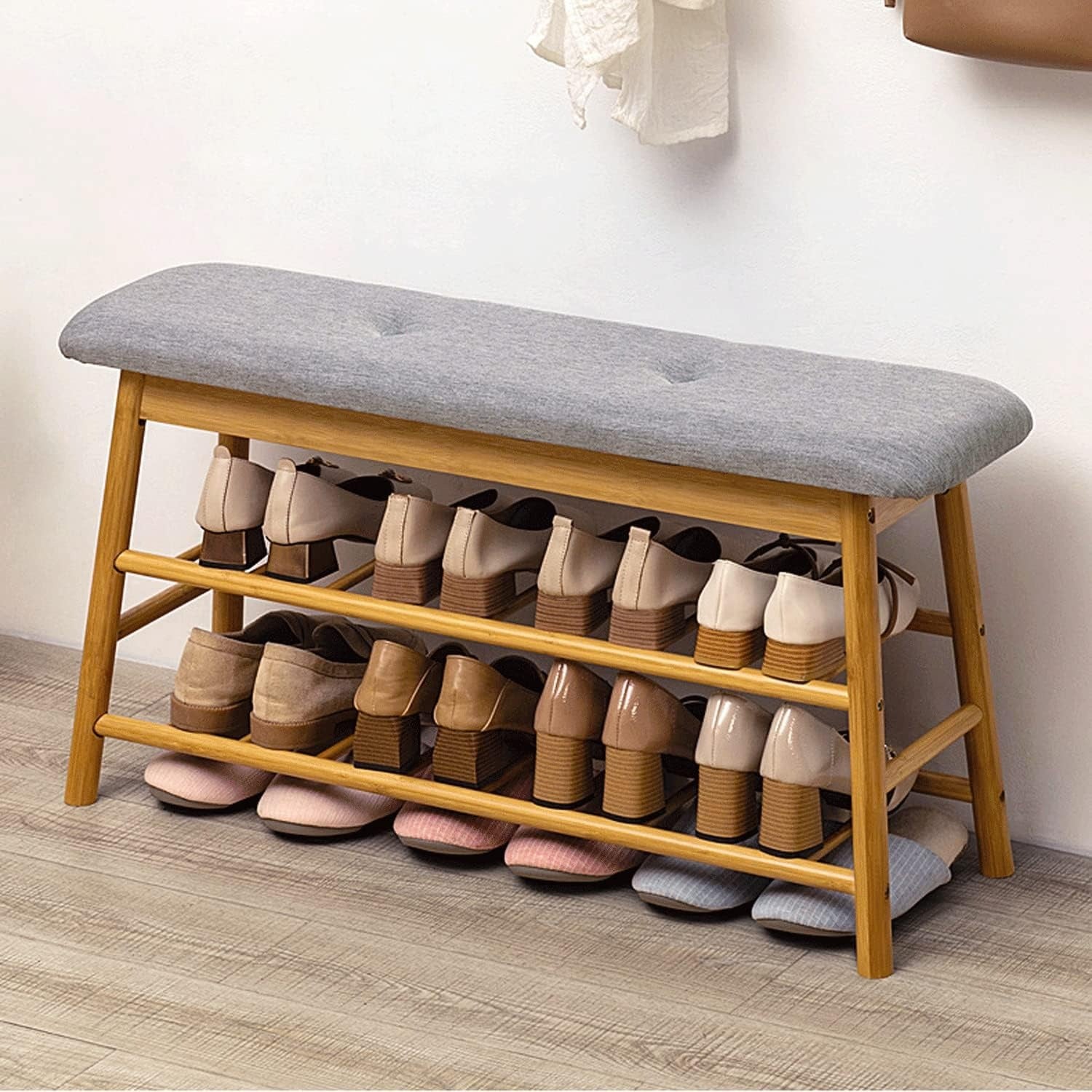 Multi-Tier Bamboo Shoe Storage Bench with Cushioned Seat (90cm)